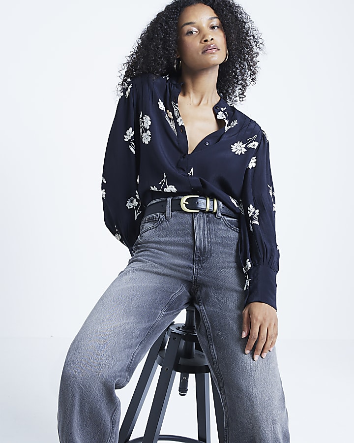 Black Floral Crew Neck Blouse