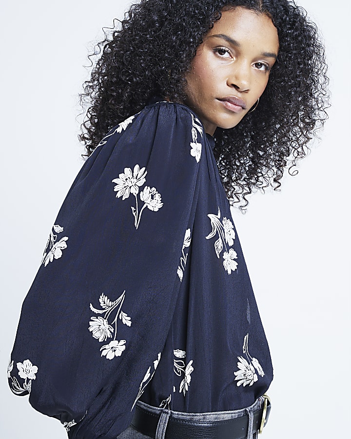 Black Floral Crew Neck Blouse