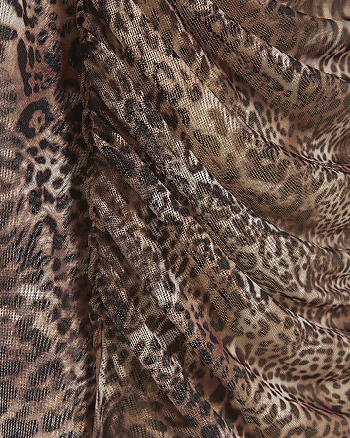 Brown leopard print mesh bardot midi dress