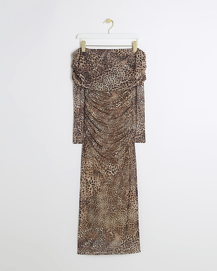 Brown leopard print mesh bardot midi dress