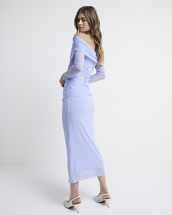 Blue bardot mesh midi dress