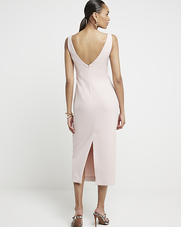 Pink Ruched Open Back Bodycon Midi Dress