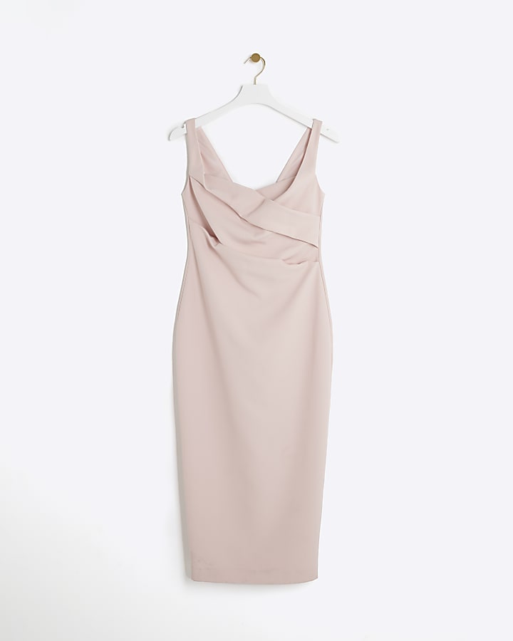 Pink Ruched Open Back Bodycon Midi Dress