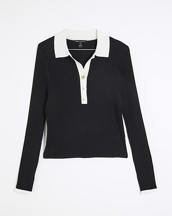 Black Collar Button Down Ribbed Top