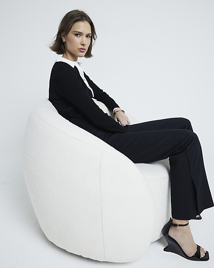Black Collar Button Down Ribbed Top
