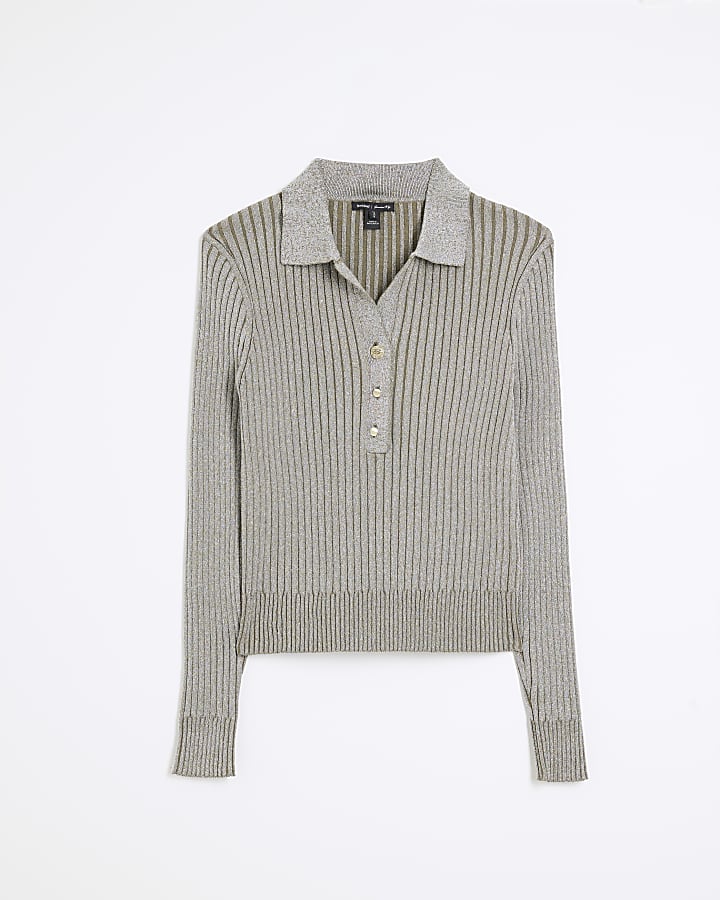 Khaki Collared Button Down Metallic Top