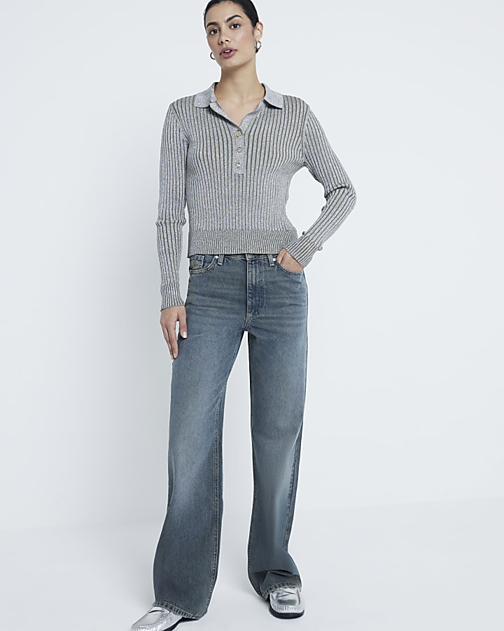 Khaki Collared Button Down Metallic Top