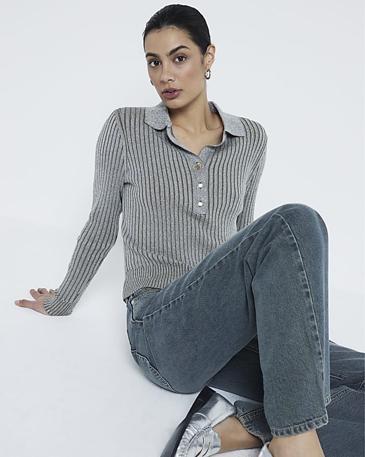 Khaki Collared Button Down Metallic Top