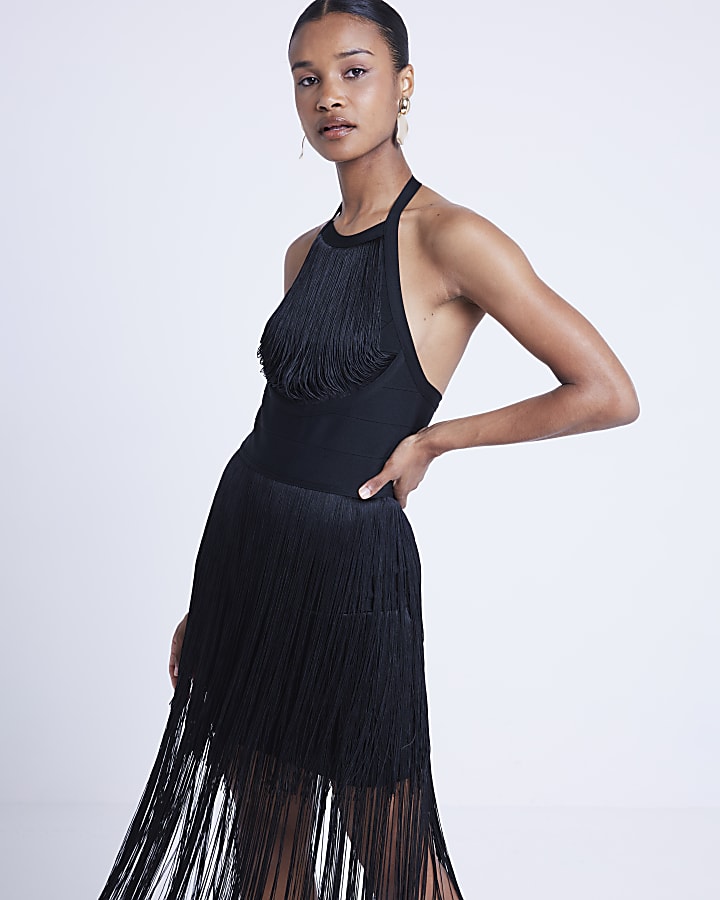 Black fringe halter neck bodycon midi dress