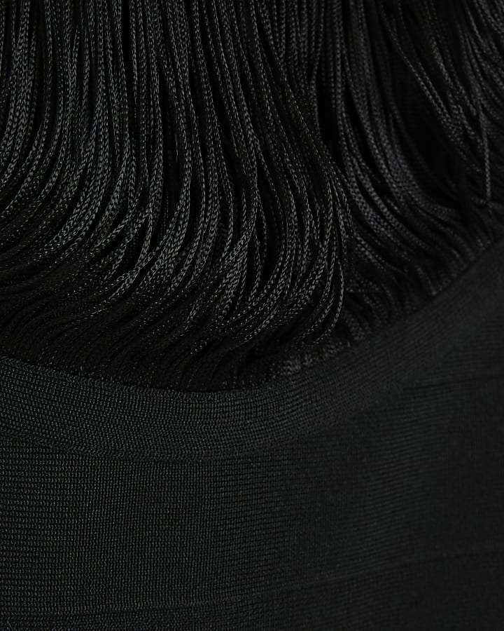 Black fringe halter neck bodycon midi dress