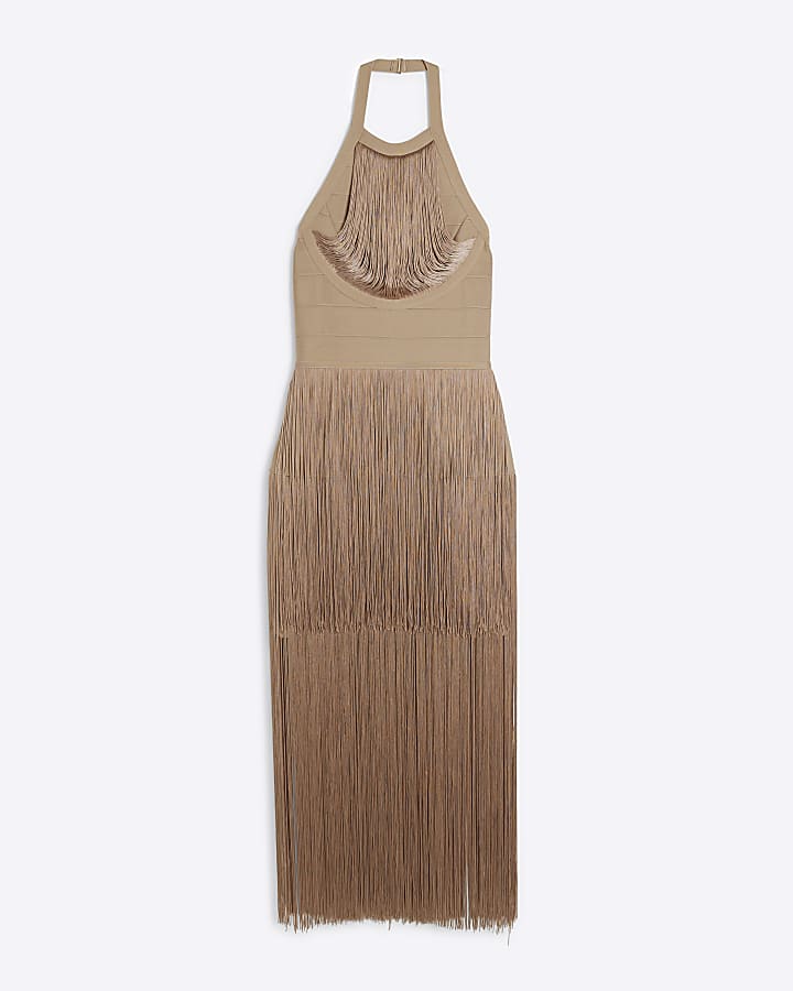 Beige fringe halter neck bodycon midi dress