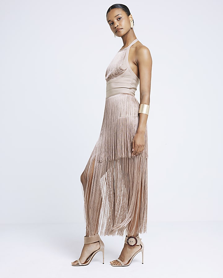Beige fringe halter neck bodycon midi dress