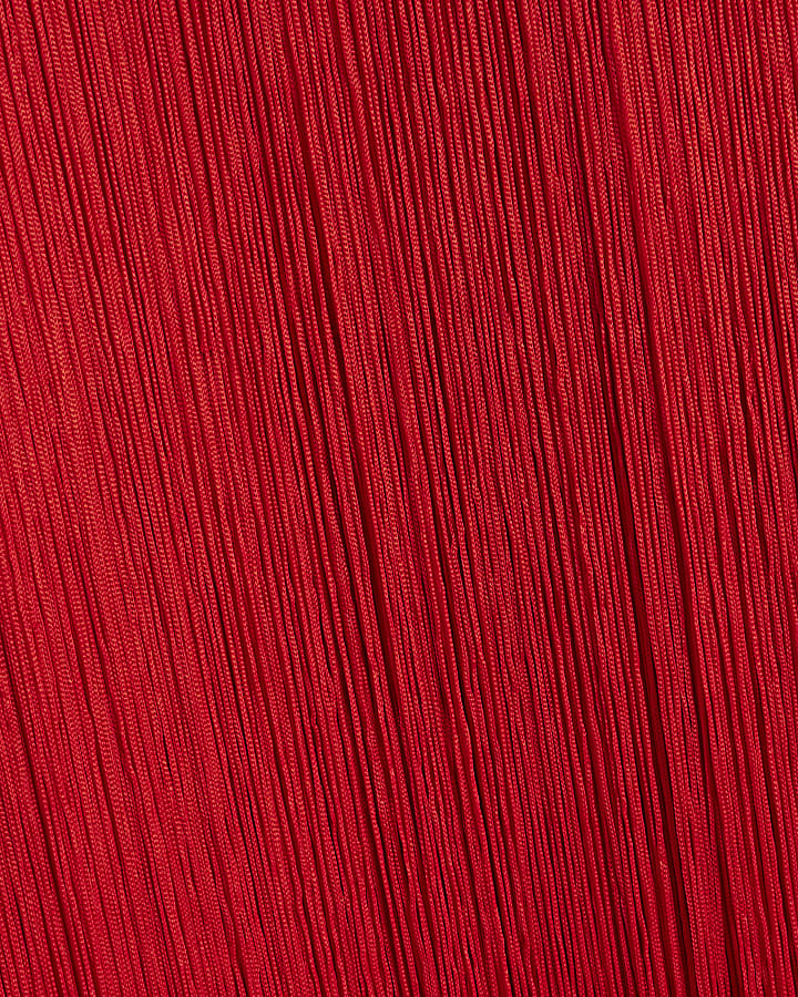 Red fringe halter neck bodycon midi dress