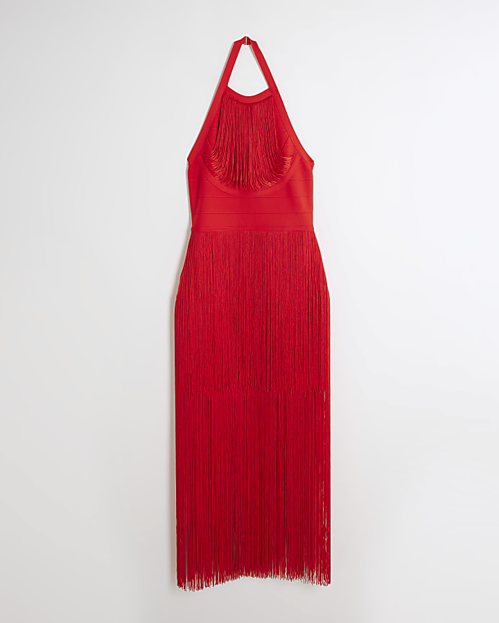 Red fringe halter neck bodycon midi dress