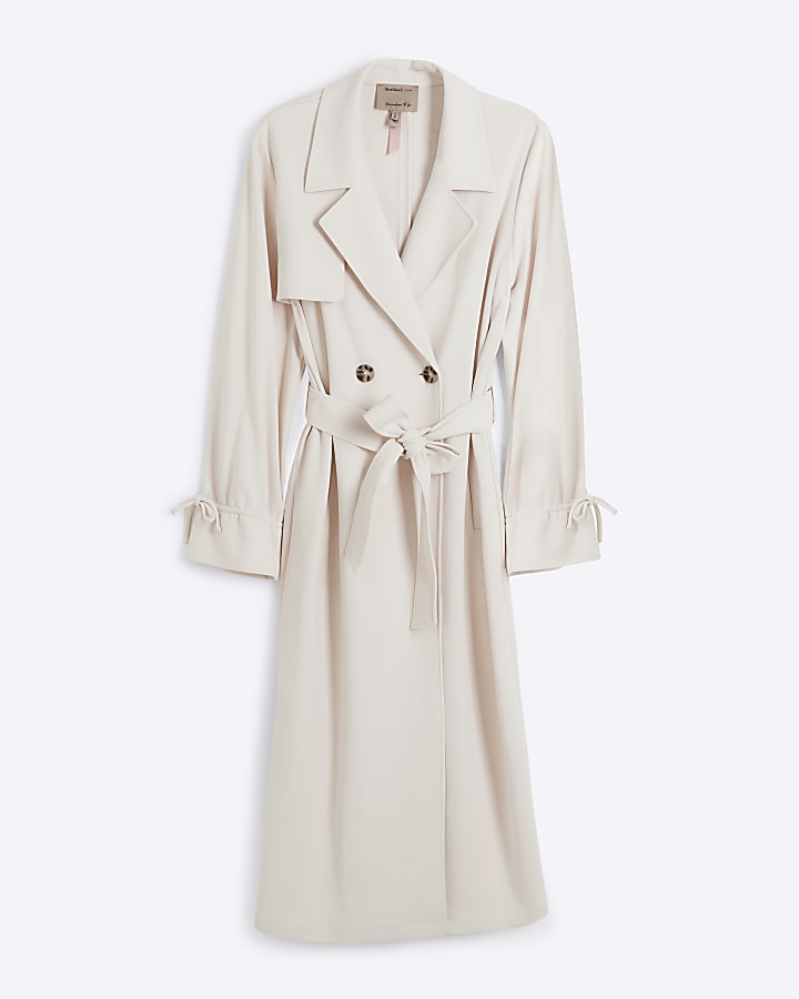 Beige tie cuff belted trench coat