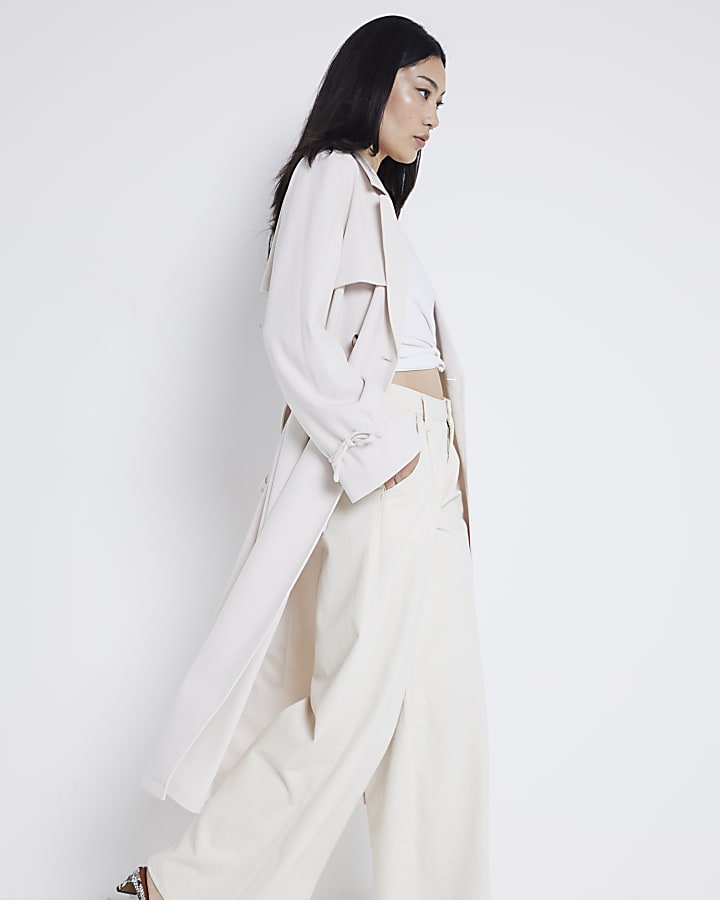 Beige tie cuff belted trench coat