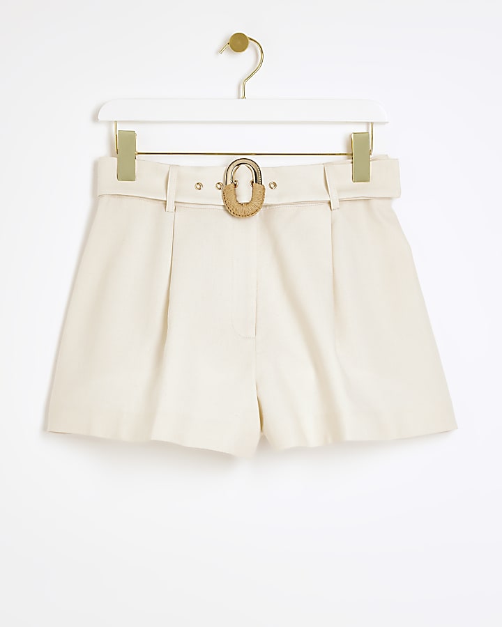 Cream linen blend belted shorts