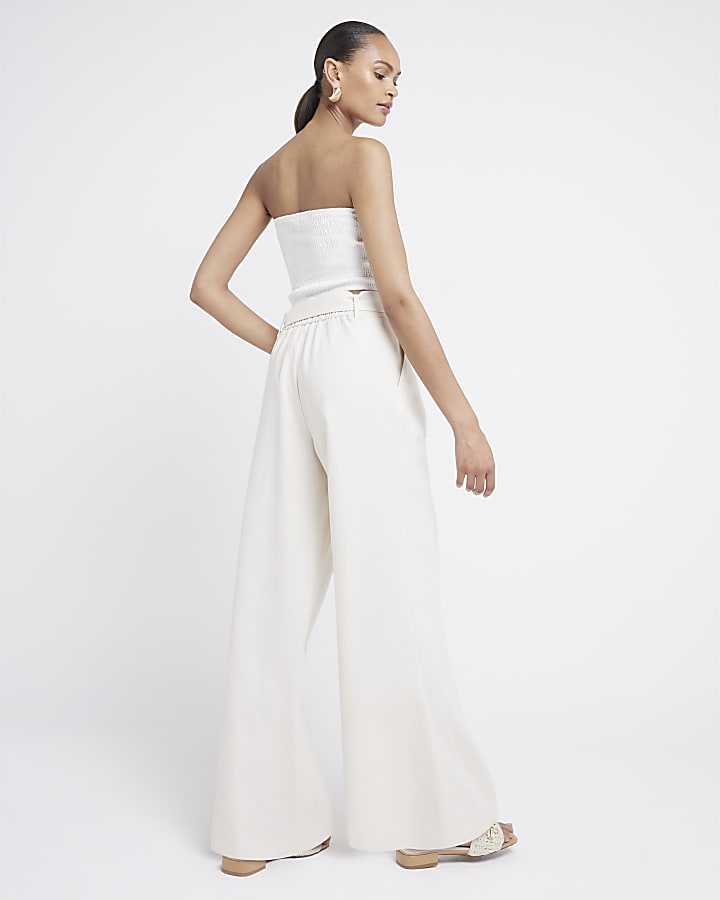 Cream Belted Wide Leg Trousers