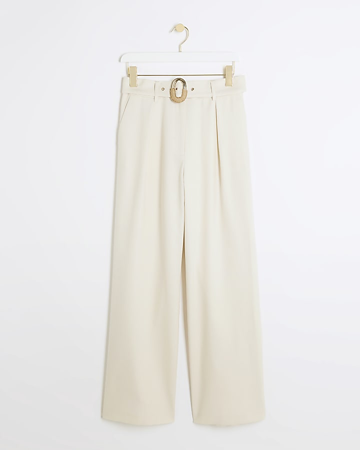 Cream Belted Wide Leg Trousers