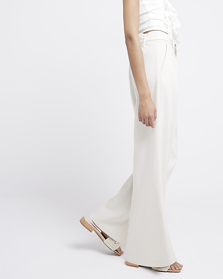 Cream Belted Wide Leg Trousers