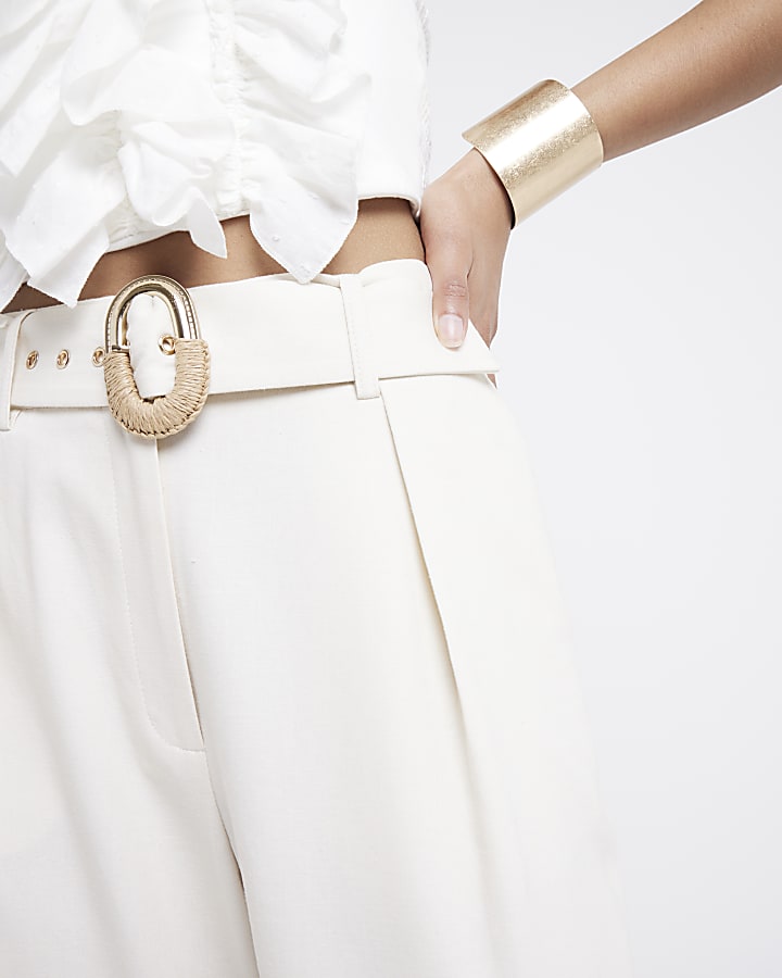 Cream Belted Wide Leg Trousers