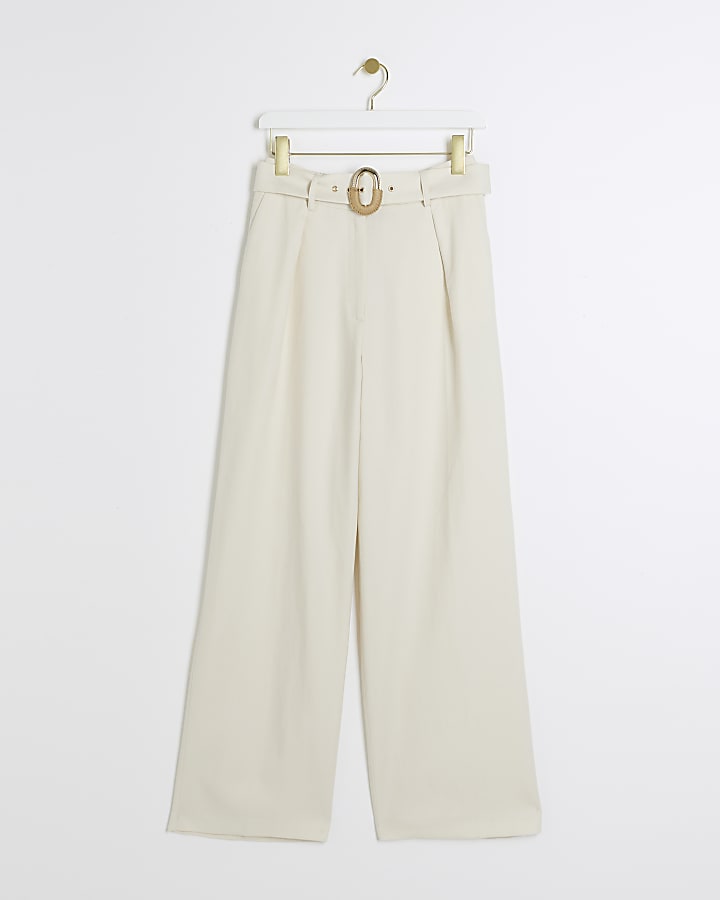 Cream Belted Wide Leg Trousers