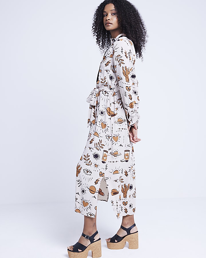 Beige western belted midi shirt dress