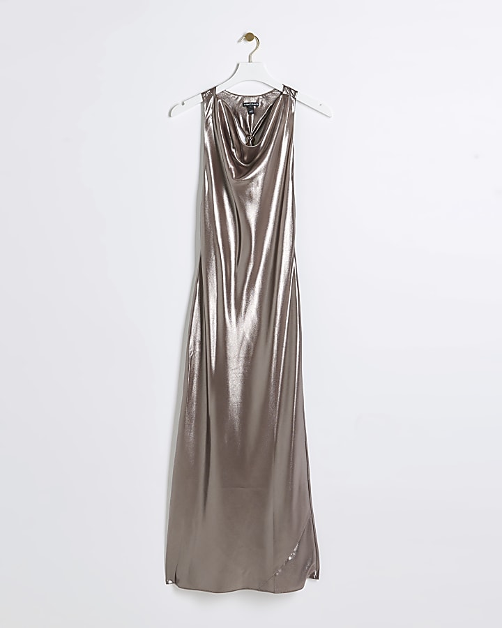 Brown metallic halter neck slip maxi dress