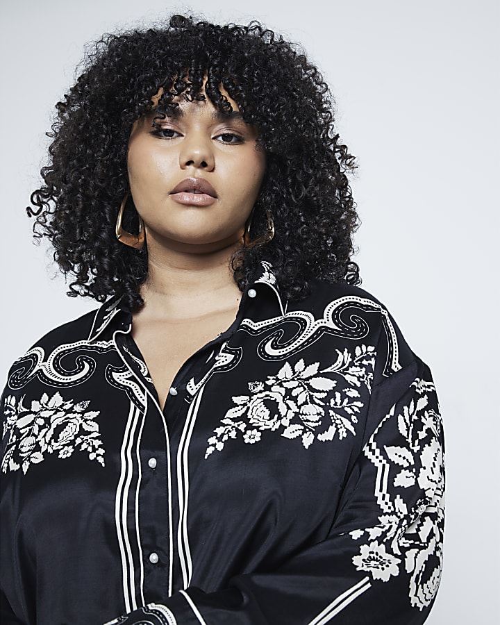 Plus Black western floral shirt