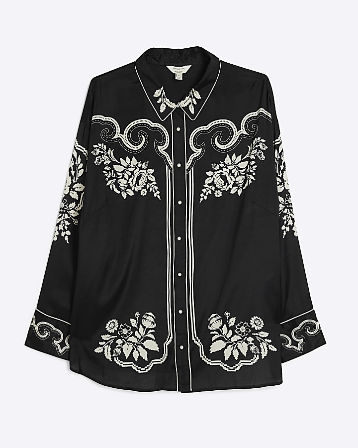 Plus Black western floral shirt