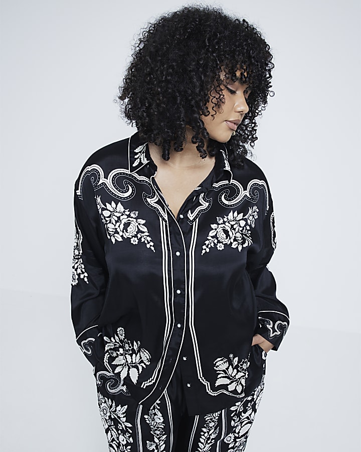 Plus Black western floral shirt