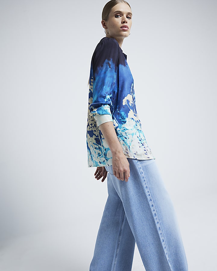 Blue floral ombre long sleeve shirt