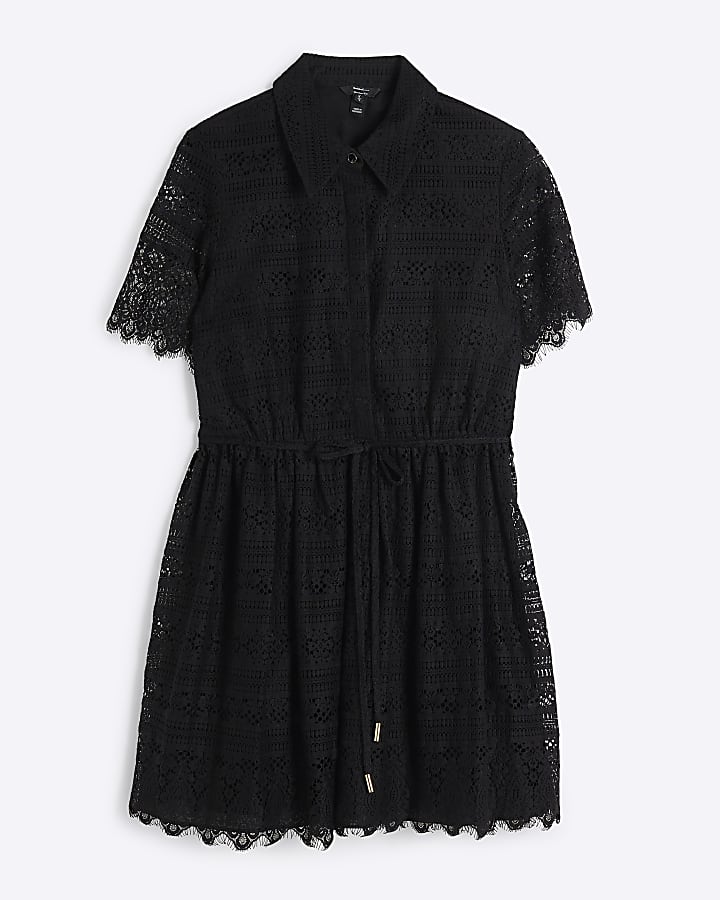 Black lace belted mini shirt dress