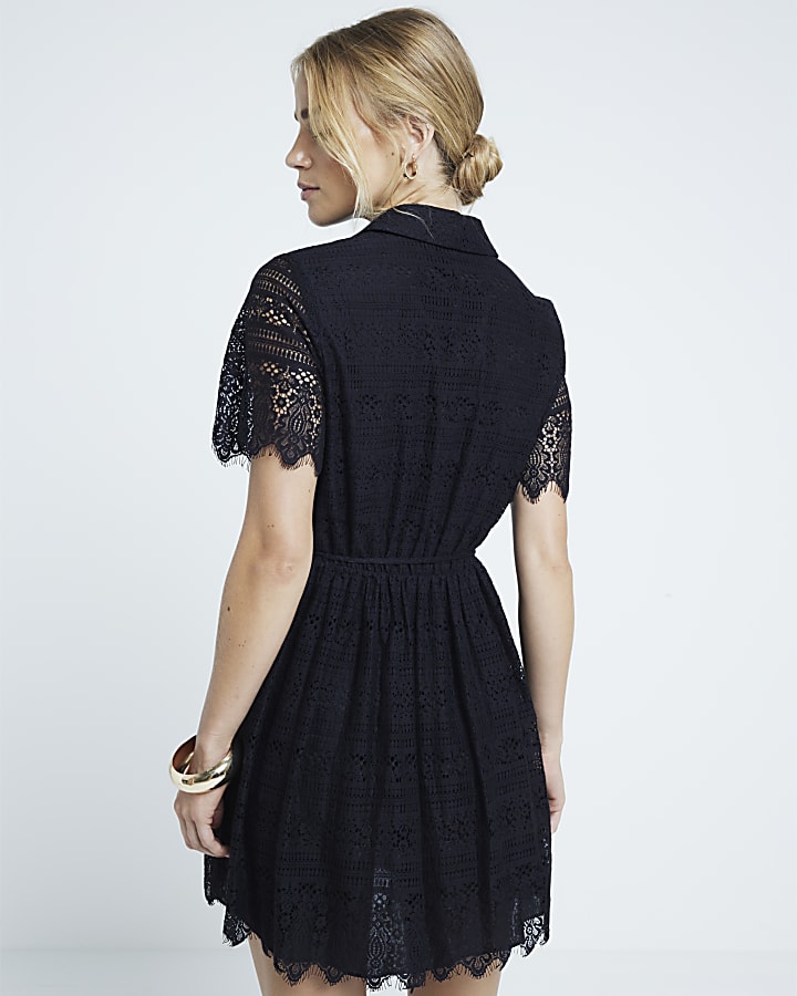 Black lace belted mini shirt dress