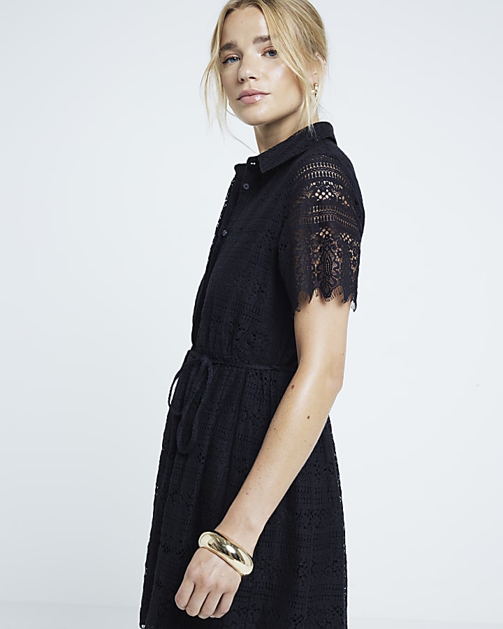 Black lace belted mini shirt dress