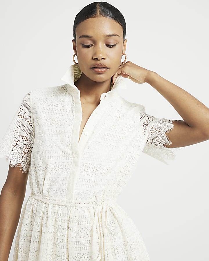 Cream lace belted mini shirt dress