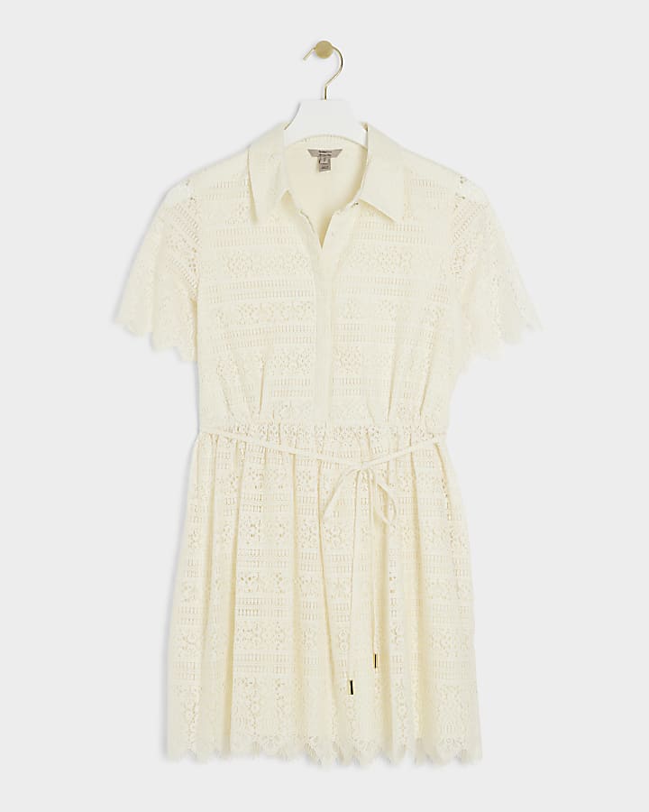 Cream lace belted mini shirt dress