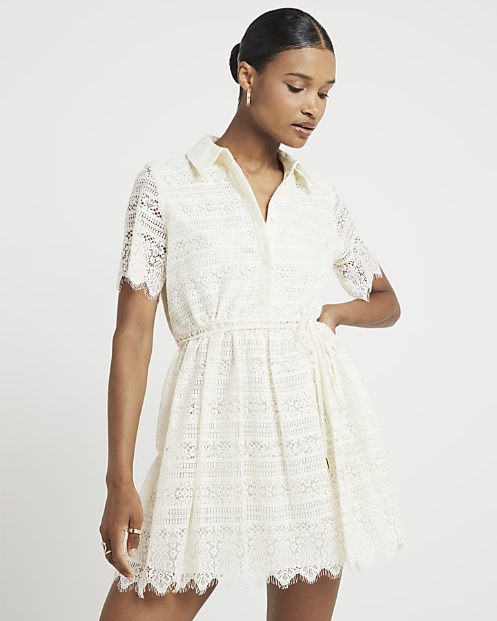 Cream lace belted mini shirt dress