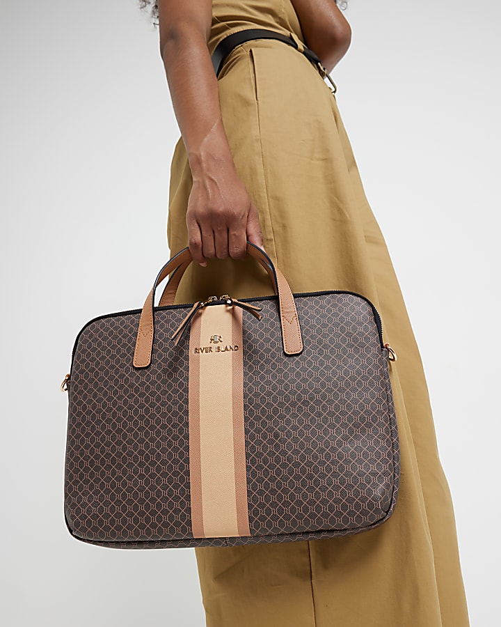 Brown monogram stripe laptop bag River Island