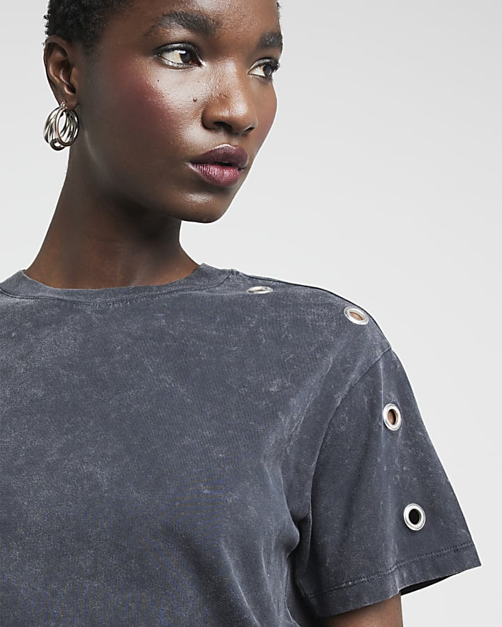 Grey washed eyelet t-shirt