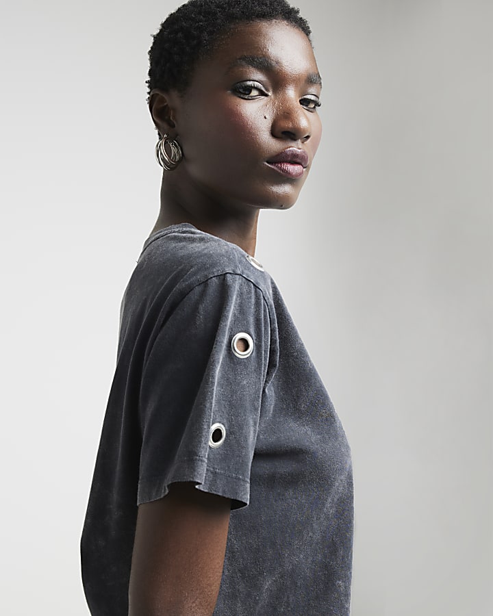 Grey washed eyelet t-shirt