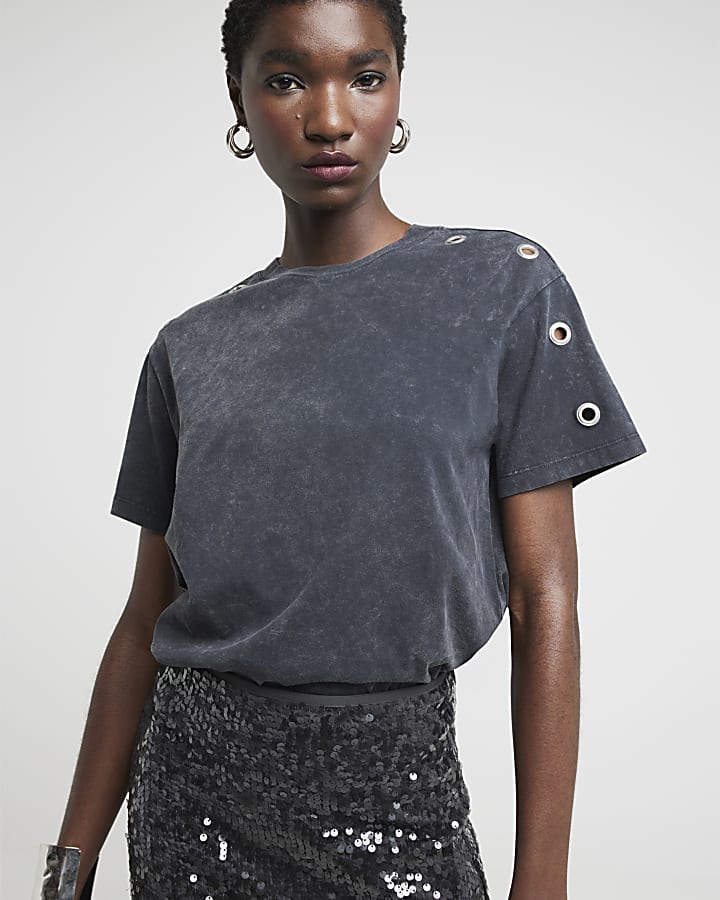 Grey washed eyelet t-shirt