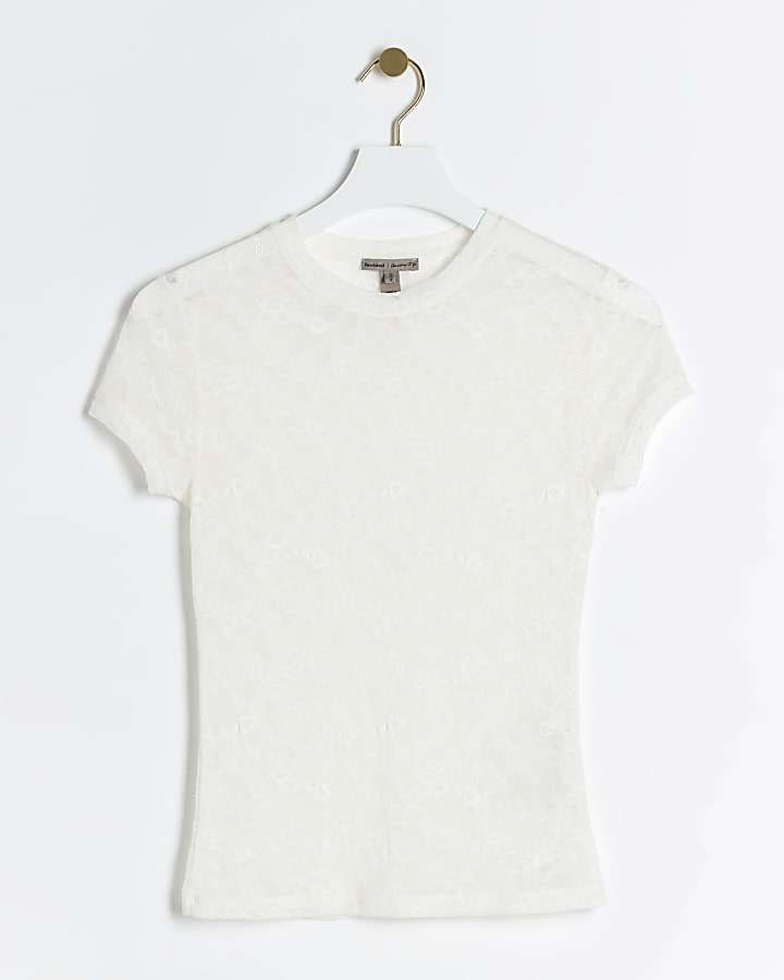 Cream sheer lace short sleeve t-shirt