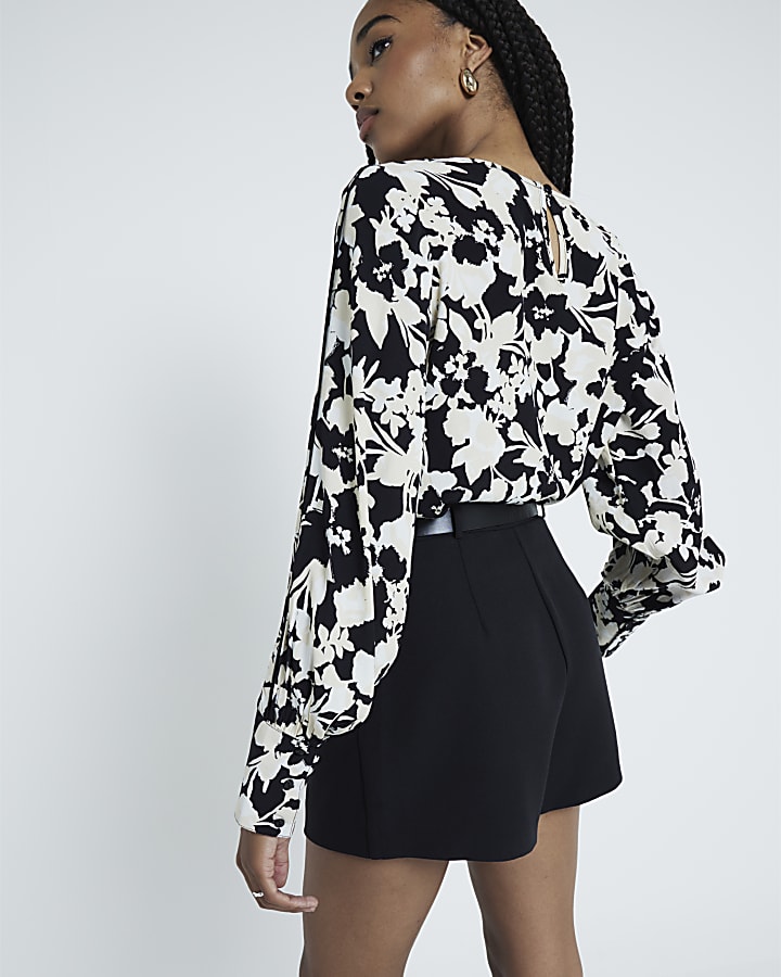 Black Long sleeve Floral Print Blouse