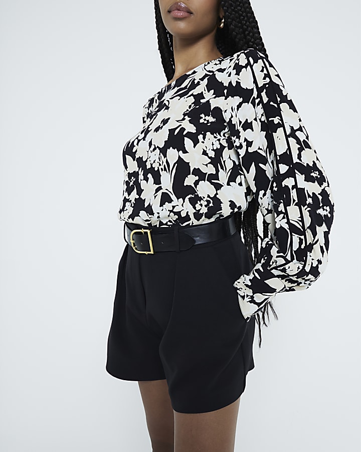 Black Long sleeve Floral Print Blouse