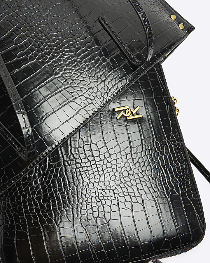 Black croc embossed shopper and laptop case