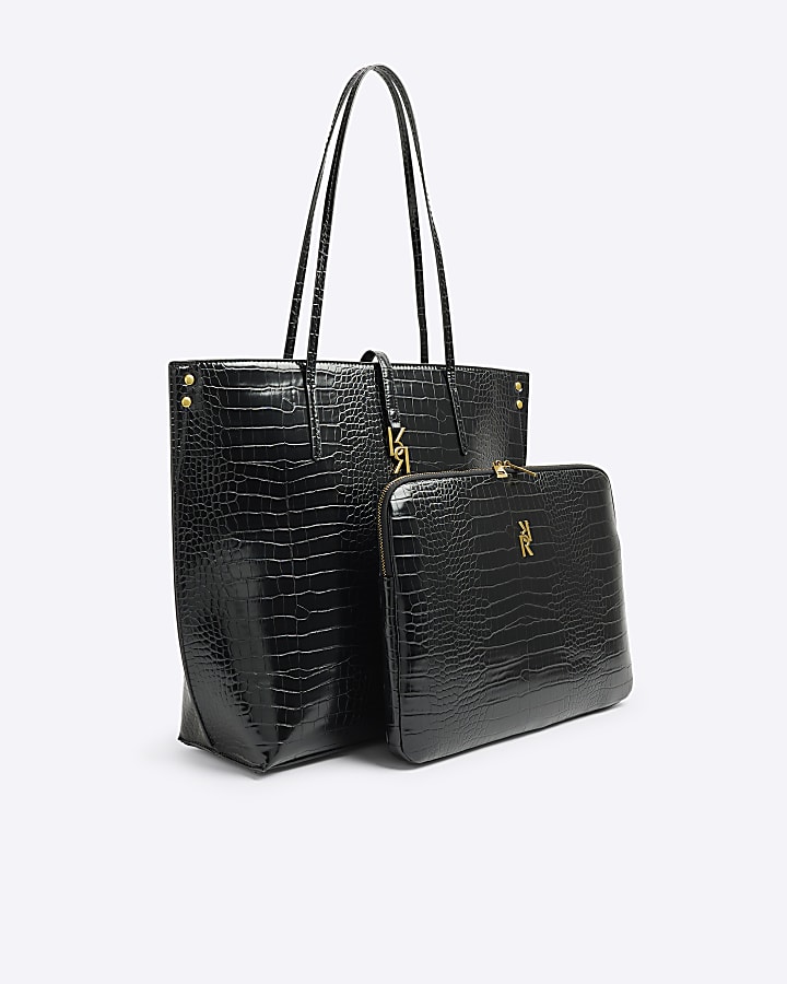 Black croc embossed shopper and laptop case