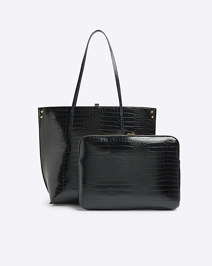 Black croc embossed shopper and laptop case