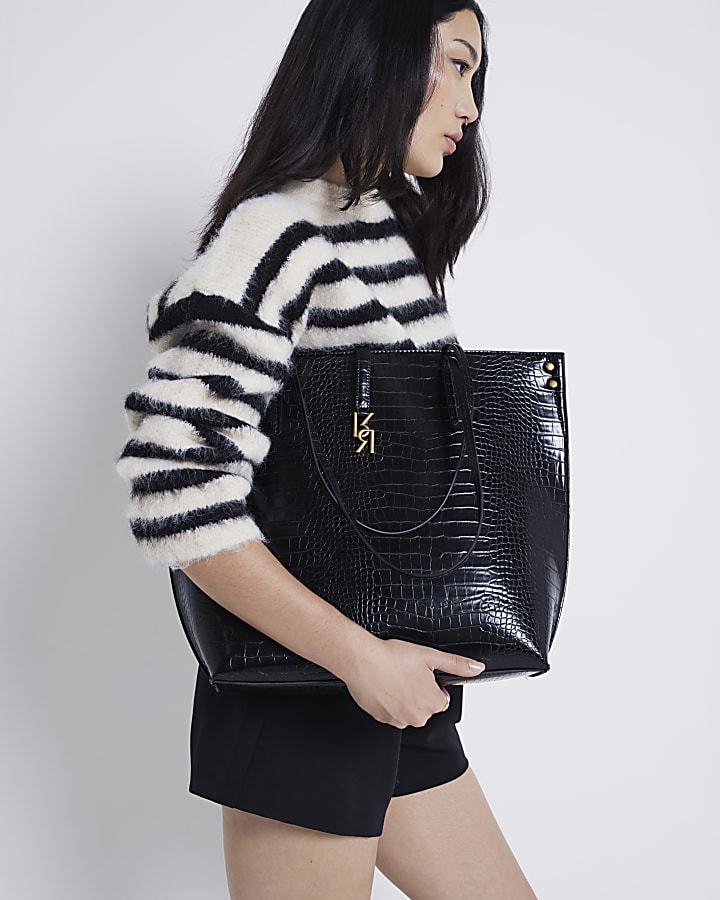 Black croc embossed shopper and laptop case