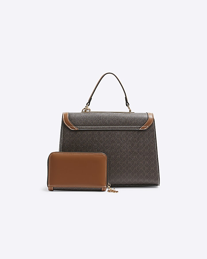 Brown Cross Body Top Handle Bag and Purse Set